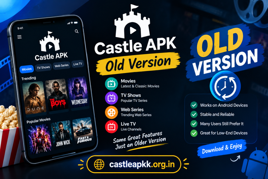 Castle APK Old Version for Android showing movies, TV shows, web series, live TV, and older app features.