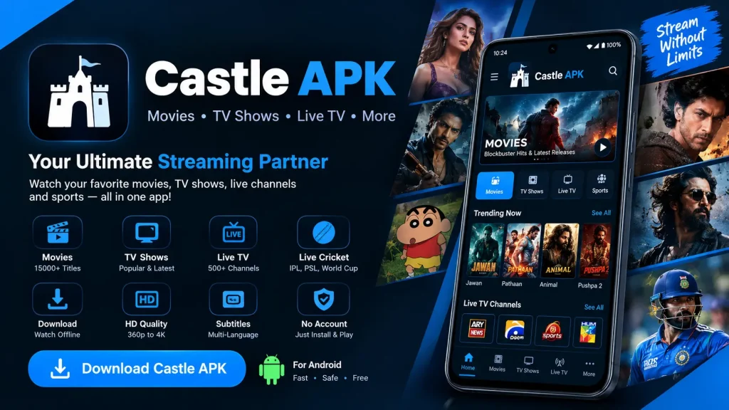 Castle APK for Android showing movies, TV shows, live TV, and streaming features on a mobile screen.