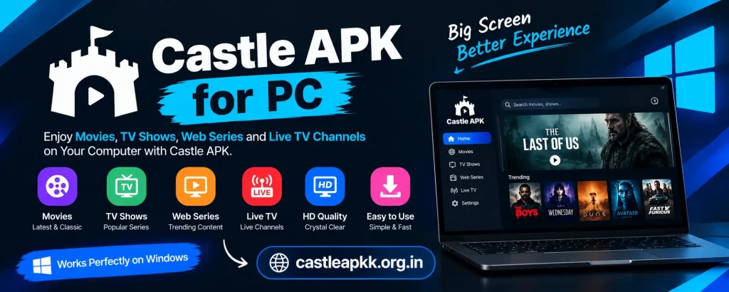 Castle APK for PC showing movies, TV shows, web series, live TV channels, and streaming features on a Windows laptop.