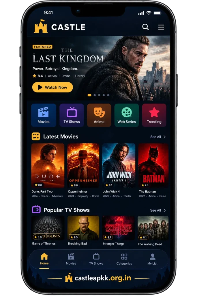 Castle APK Movies and TV Shows App Interface on Android Mobile